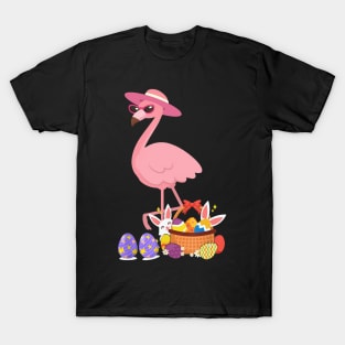 Womens Pretty Easter Flamingo with Easter Basket Funny Gifts T-Shirt